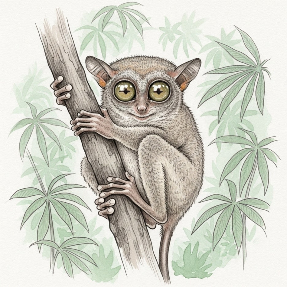 나무 위에 앉아 있는 작고 귀여운 안경원숭이