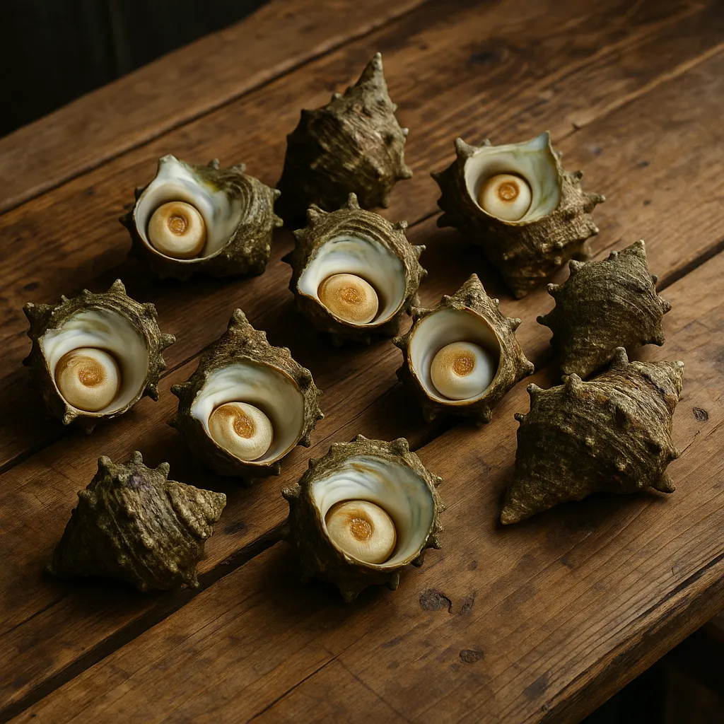 나무 테이블 위에 올려진 생물 소라들