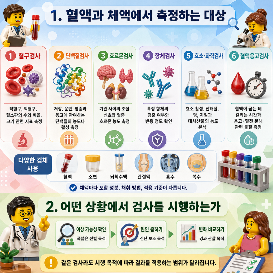 혈액과 체액에서 측정하는 대상과 검사 시행 목적을 한눈에 정리한 레고 스타일 메디컬 인포그래픽