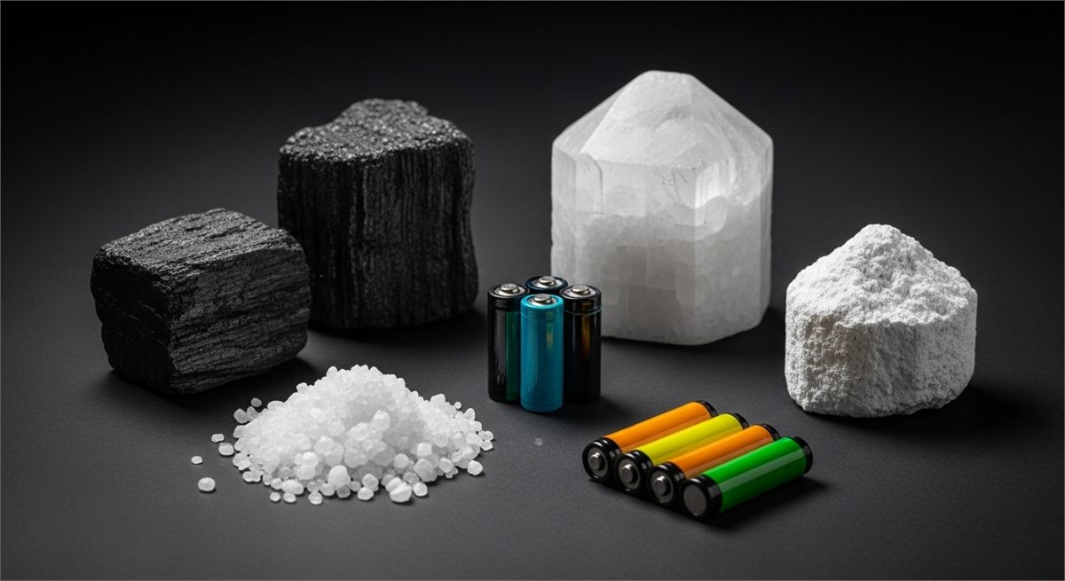 하드카본과 나트륨이온 배터리 개념 소재를 담은 정물 장면 