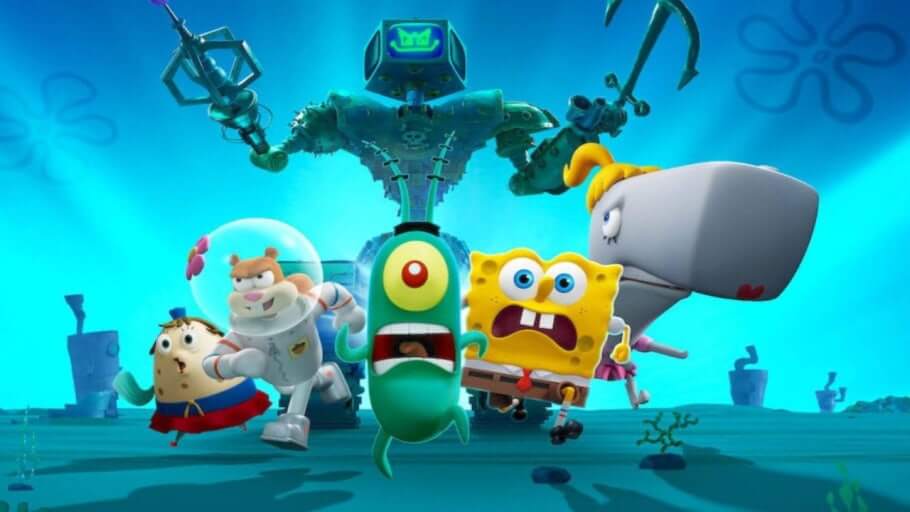 Plankton: The Movie_플랑크톤과 친구들 뒤에서 위협적인 모니터 로봇이 팔을 들고 서있고, 파란 빛과 버블 효과, 해양 식물 등은 바닷속이라는 환경을 나타냄. 🏃♂️🤖