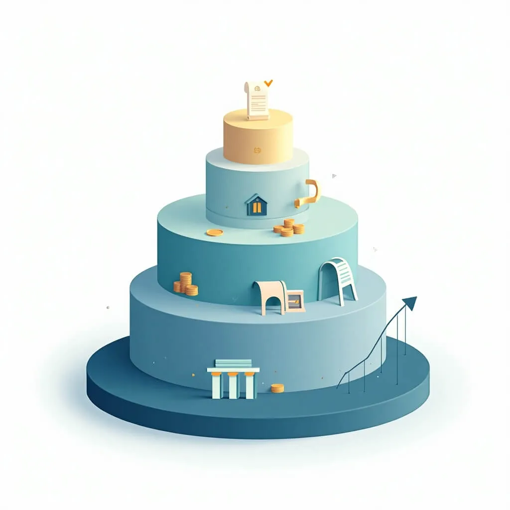 미국 RWA 토큰화: 3단 계층형 플랫폼 위에 은행 건물, 코인, 계약서 아이콘이 올라가 있는 구조로, 자본 효율성을 높이는 미국 RWA 생태계를 표현한 이미지.