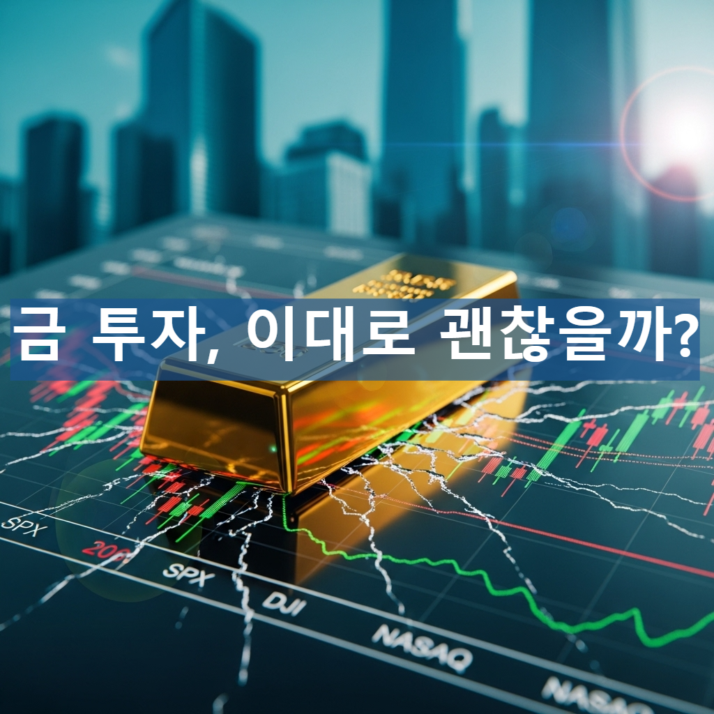 금이 간 주식 시장 차트 위에 놓인 빛나는 금괴 이미지