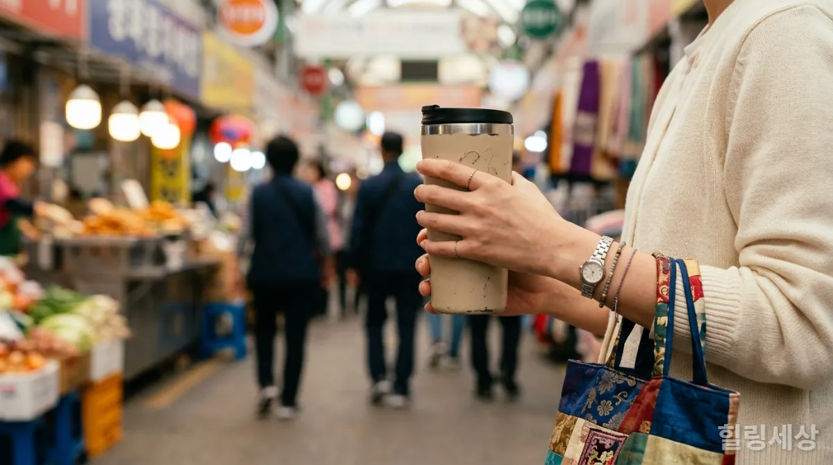 재사용 가능한 텀블러와 에코백을 들고 한국 시장을 걷는 여행자의 손