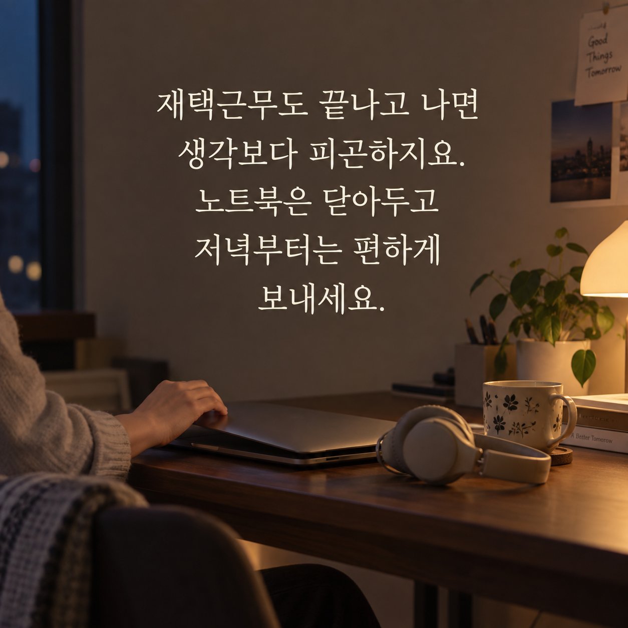 직장인 저녁 인사 이미지 19 — 재택근무도 끝나고 나면 생각보다 피곤하지요. 노트북은 닫아두고 저녁부터는 편하게 보내세요.
