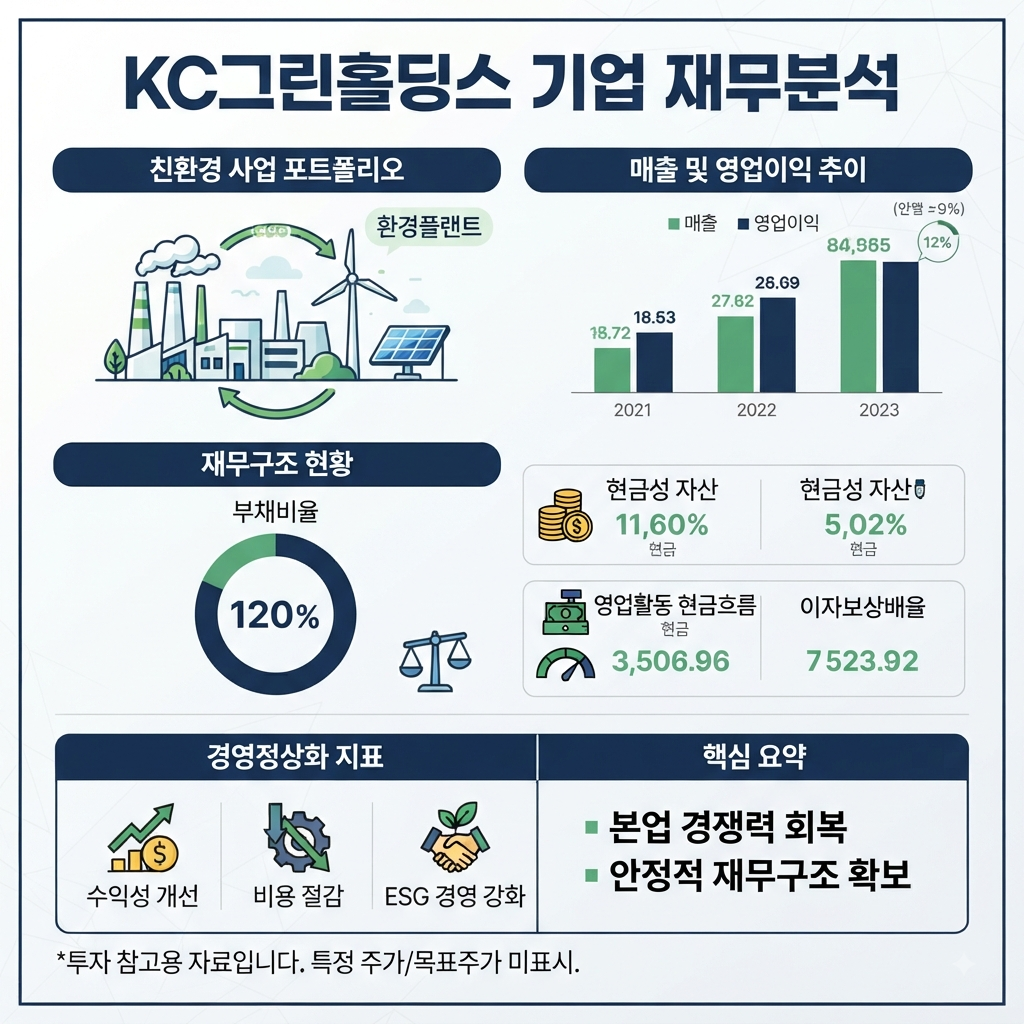 KC그린홀딩스의 실적과 재무상태 및 경영정상화 과정을 보여주는 기업 분석 이미지