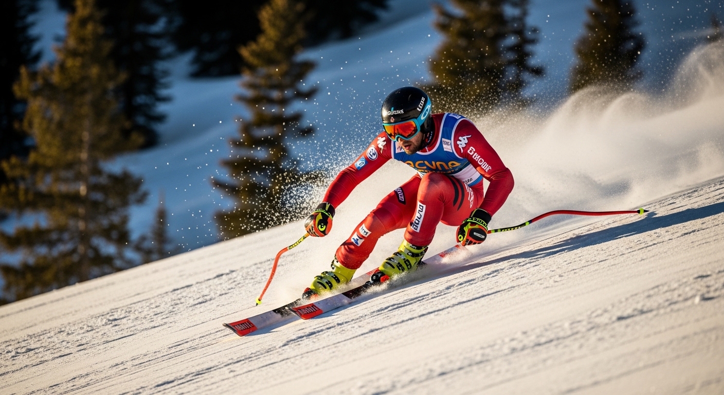 공기 저항을 줄이기 위해 몸을 웅크린 채 활강 훈련 중인 동양인 유망주 예시 이미지