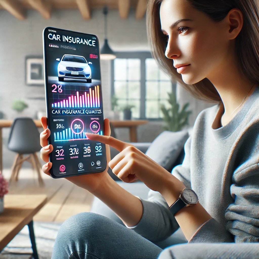 편안한 거실 소파에 앉아 스마트폰 앱으로 자동차보험 견적을 비교하는 사람. 앱 화면에 다양한 그래프와 숫자가 보이며, 현대적이고 기술 친화적인 라이프스타일을 표현
