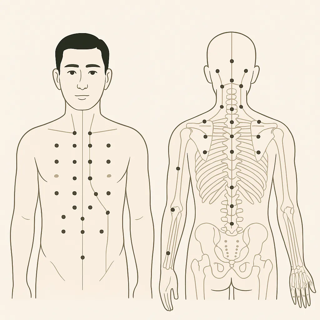 전통 한의학 경혈과 경락 흐름을 보여주는 전신 지도 일러스트