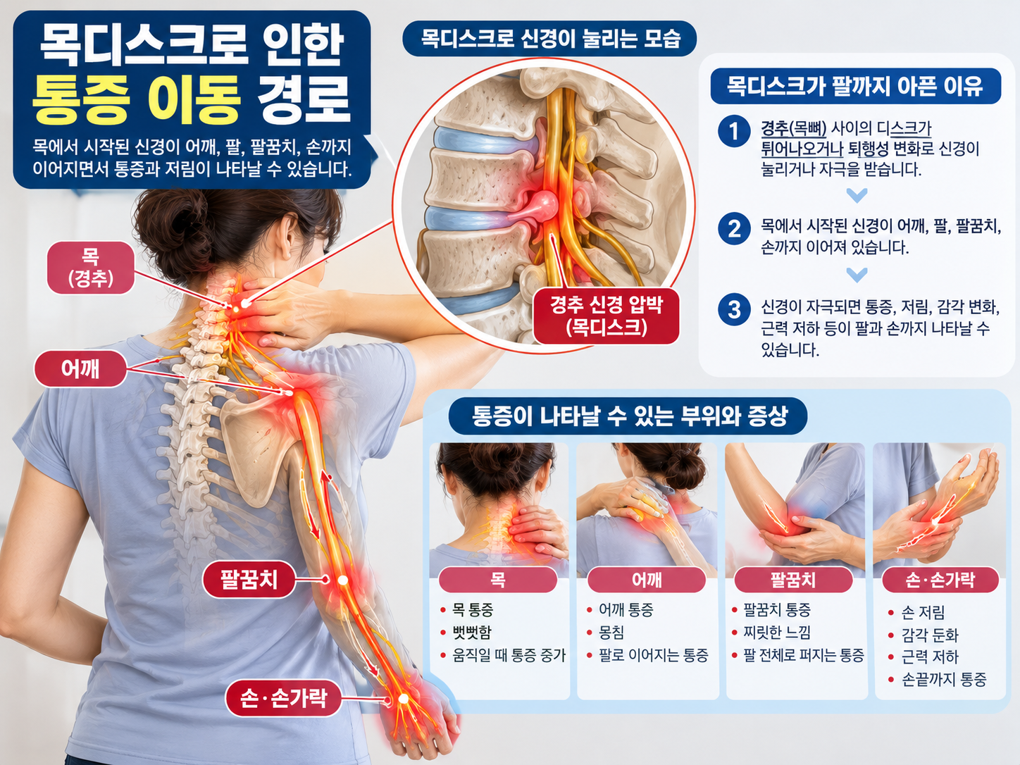 목에서 어깨&middot;팔꿈치&middot;손까지 이어지는 신경과 통증 경로를 보여주는 의학 일러스트의 이미지