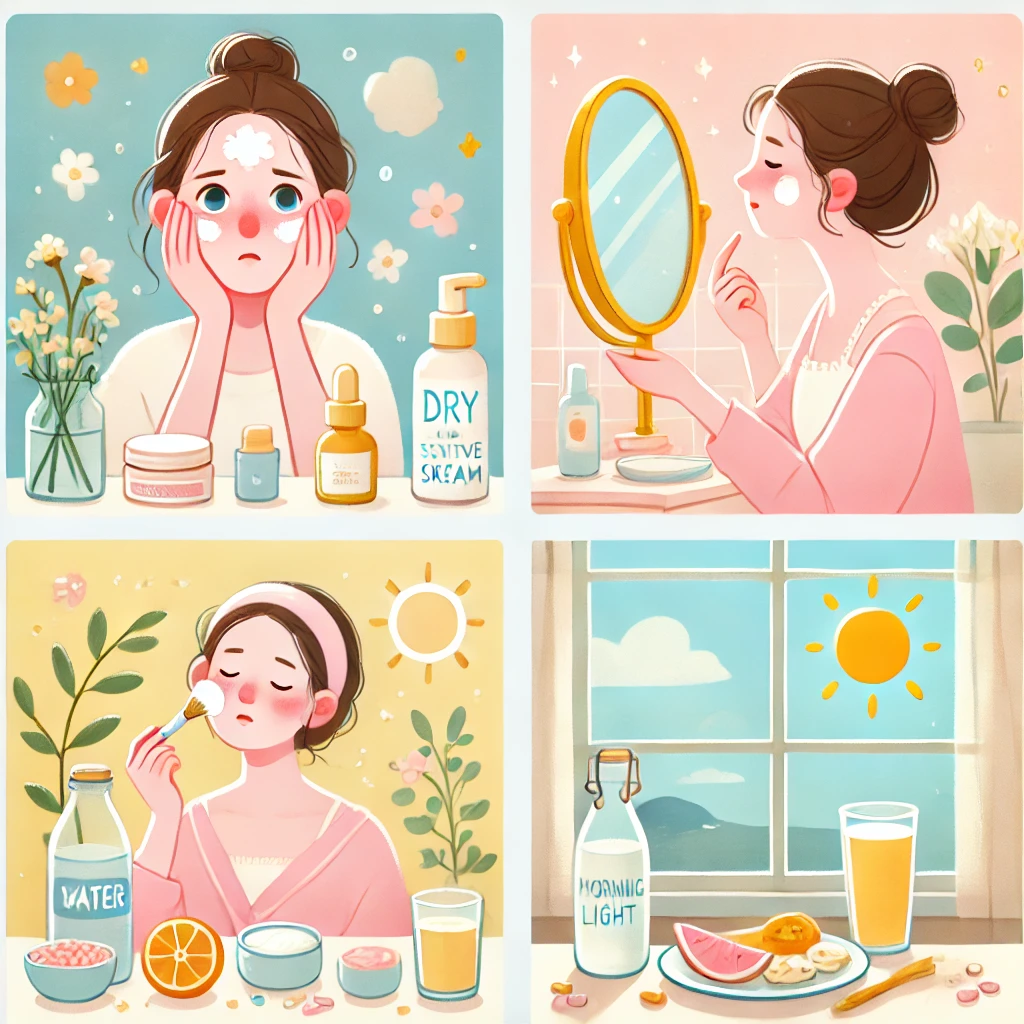 피부 고민을 안고 아침 루틴을 실천하는 여성의 일상 모습. 세안, 스킨케어, 메이크업, 건강한 식사를 표현한 일러스트