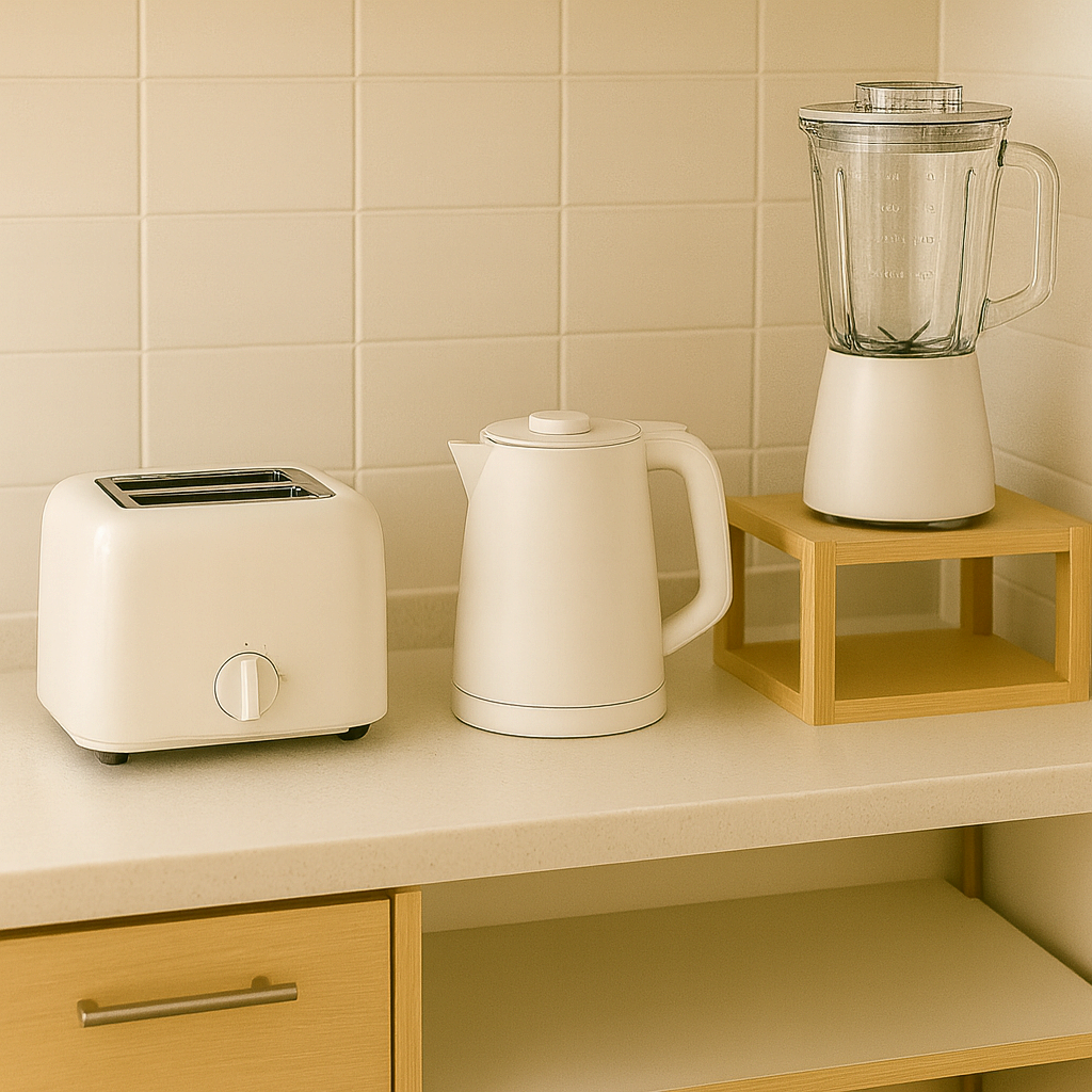 토스터기와 믹서기가 깔끔하게 정리된 주방 조리대