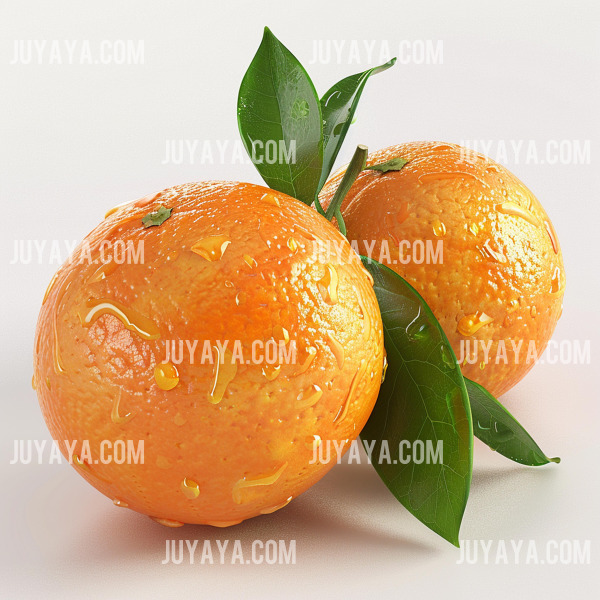 물방울이 맺힌 신선한 귤 두 개가 잎사귀와 함께 놓여 있는 모습. 비타민 C가 풍부한 겨울철 필수 과일.