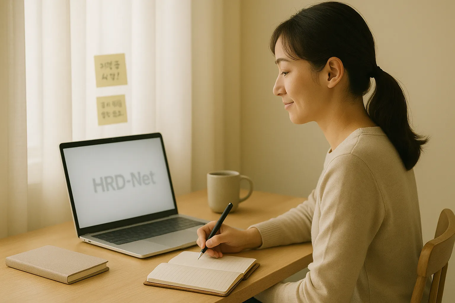 HRD-Net 강의를 들으며 노트에 정리하는 여성