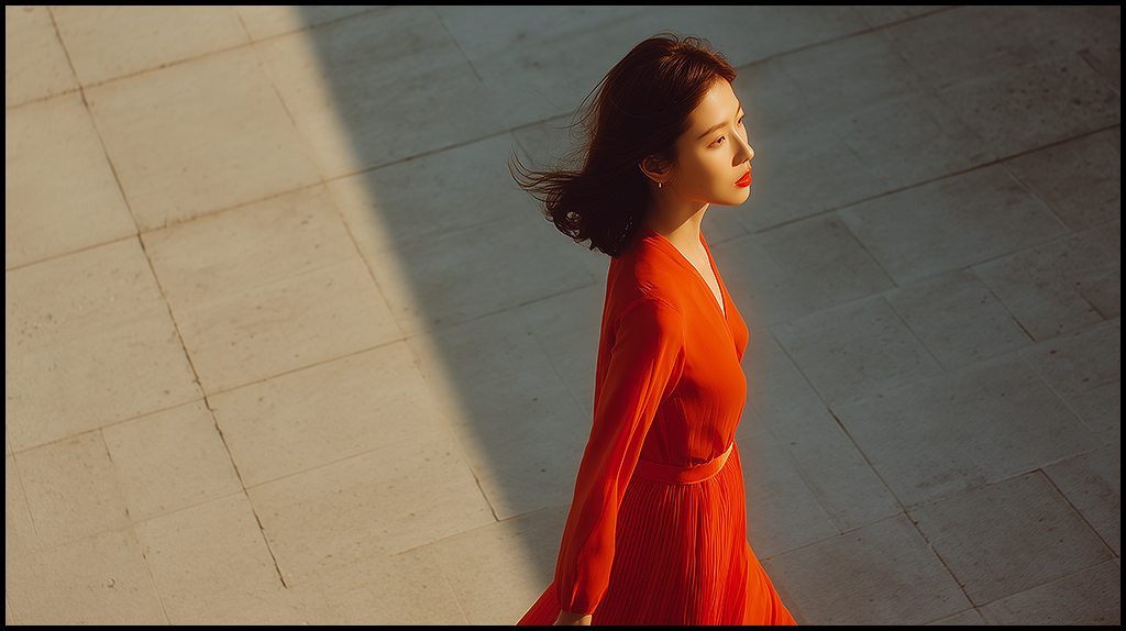 하이 앵글로 내려다본 미니멀한 테라스 위 여성 모델, 긴 그림자와 따뜻한 노을빛이 강조된 감성 화보컷_Midjourney