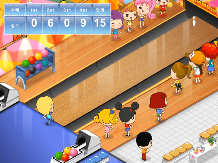 파니볼링-플래시게임-플레이2-볼링공을-던져-4세트에서-9점을-획득한-화면