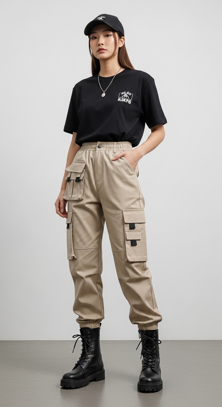 다기능 포켓이 강조된 베이지색 카고 팬츠와 워커를 착용한 모델의 전신 사진