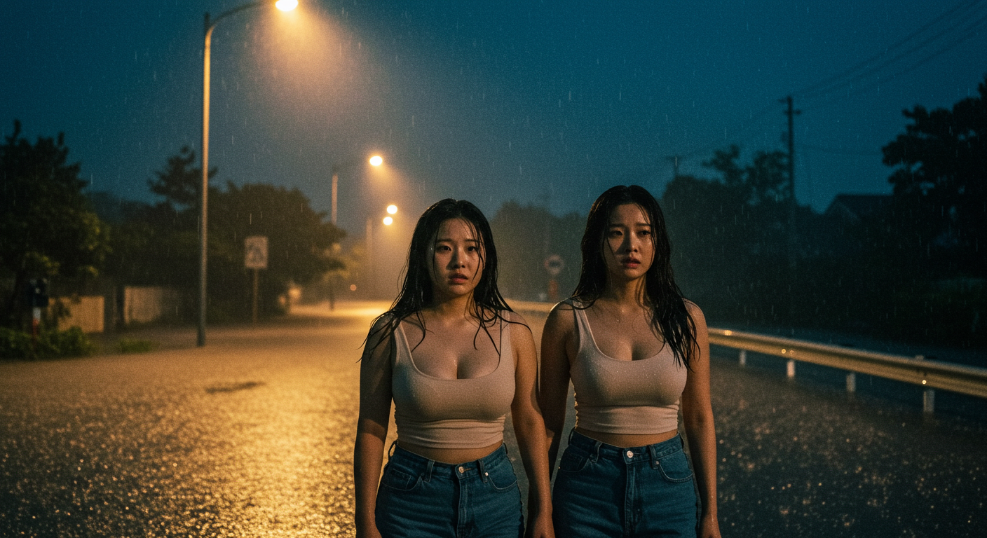 비 맞으며 서있는 두여성