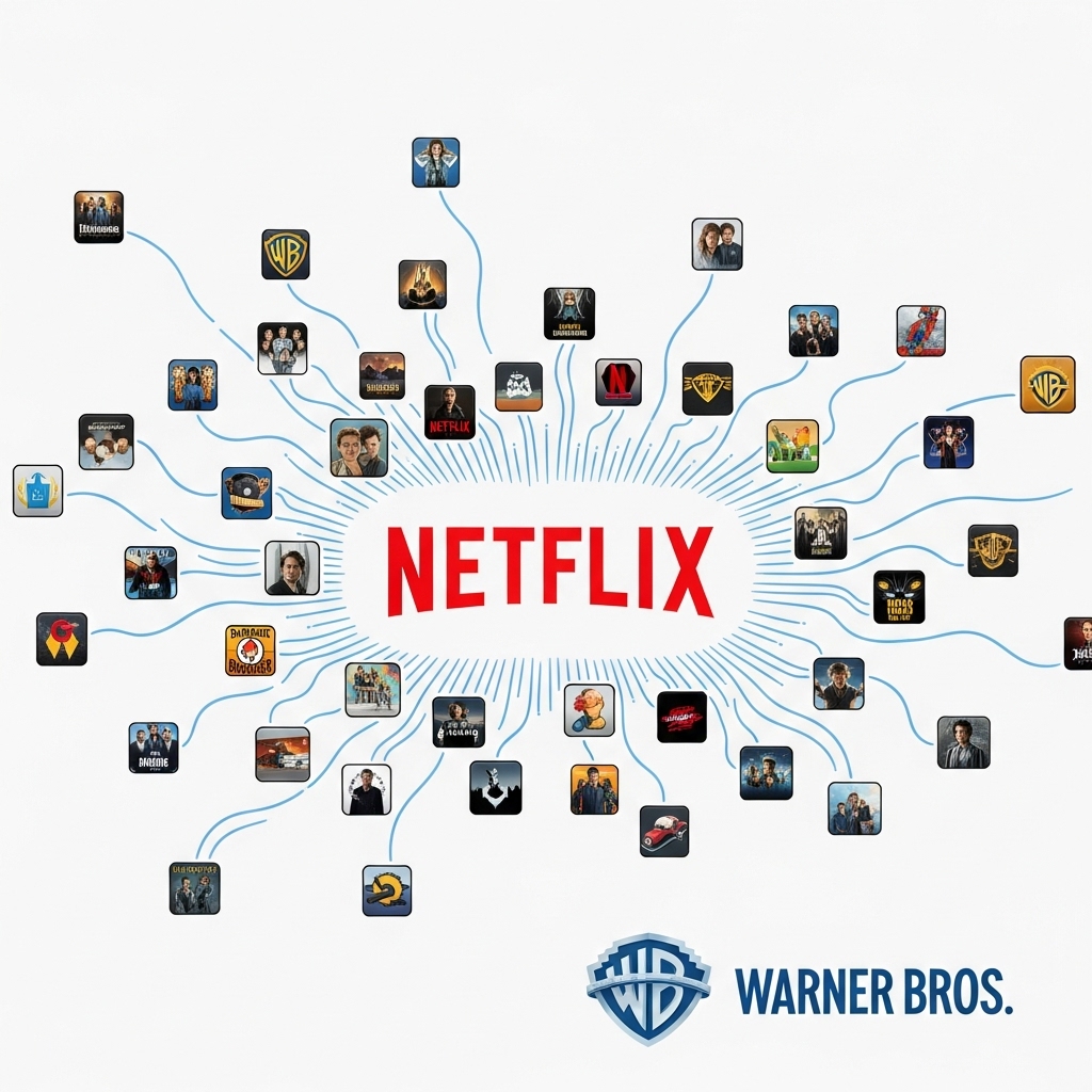 넷플릭스와 워너 브라더스의 콘텐츠가 하나의 플랫폼으로 통합되는 모습을 시각화한 디지털 일러스트. 다양한 콘텐츠 아이콘들이 넷플릭스 로고로 흡수되는 네트워크를 보여줍니다.3