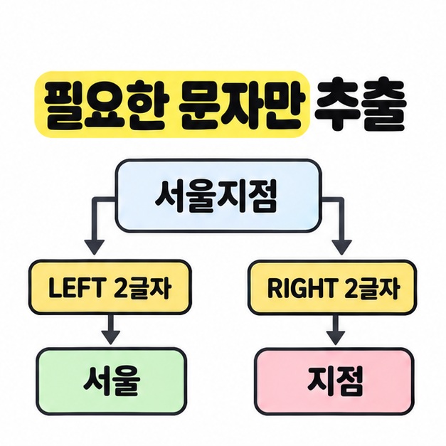 서울지점에서 LEFT로 왼쪽 두 글자 서울, RIGHT로 오른쪽 두 글자 지점을 추출하는 비교 도식