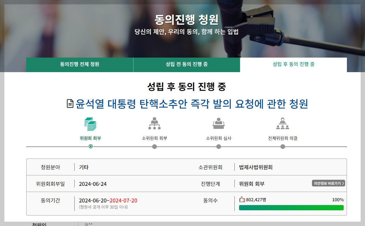 윤석열 대통령 탄핵 청원 사이트 현상황 안내