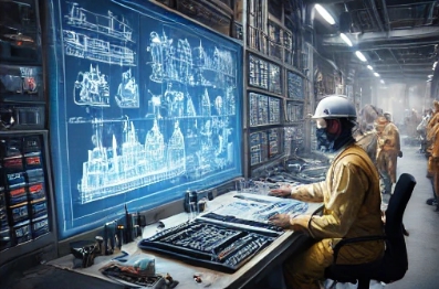 컴퓨터로 배 도면 설계 중인사람