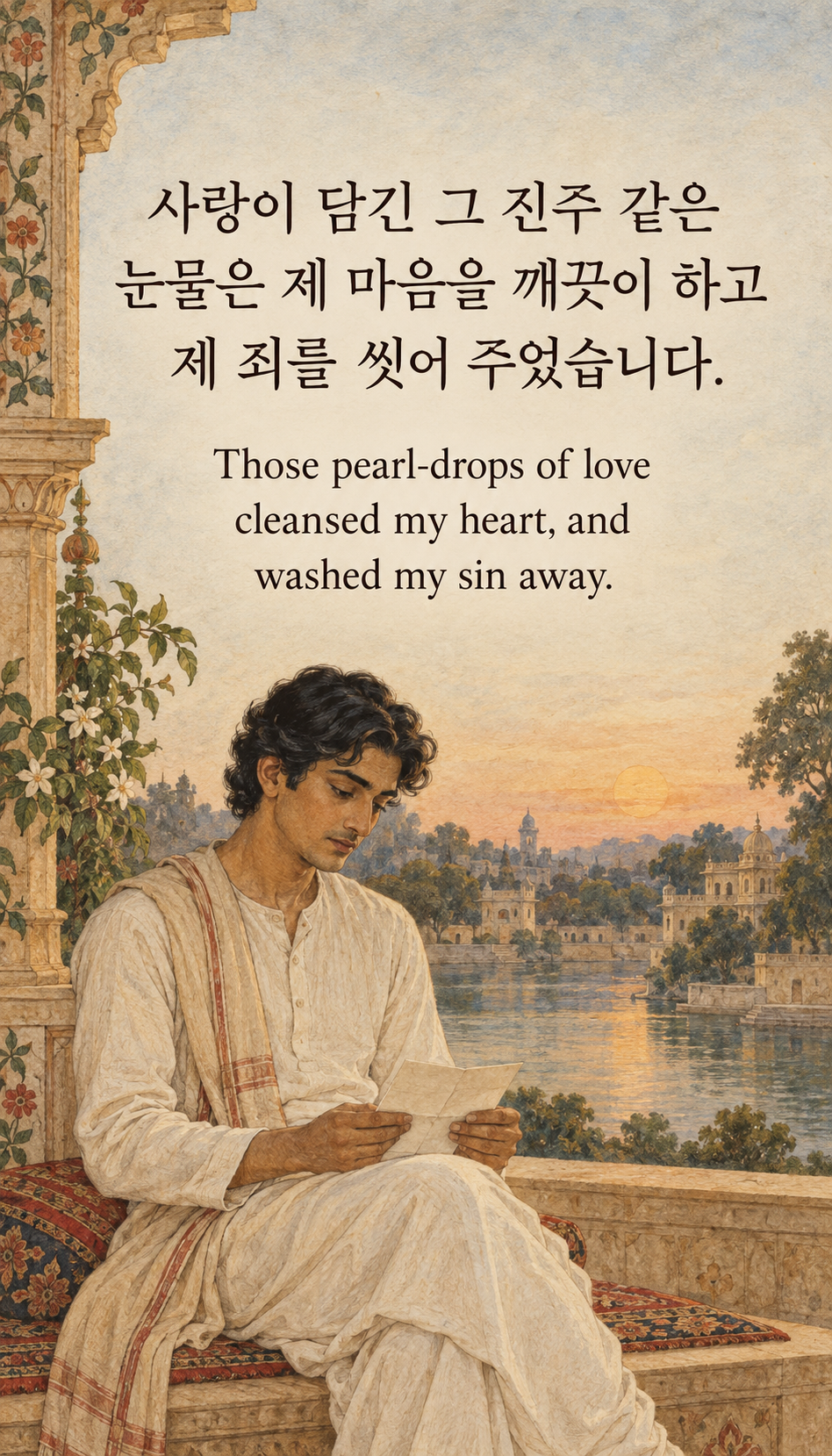 사랑이 담긴 그 진주 같은 눈물은 제 마음을 깨끗이 하고 제 죄를 씻어 주었습니다. &mdash; 시대 복식의 청년이 편지를 바라보는 장면, 인도풍 그림