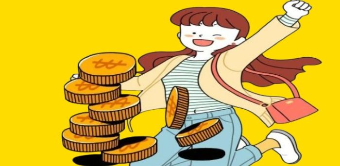 "밝은 표정의 젊은 여성이 동전을 손에 들고 기뻐하는 모습. 소비 지원금을 받는 행복한 장면을 상징적으로 표현."