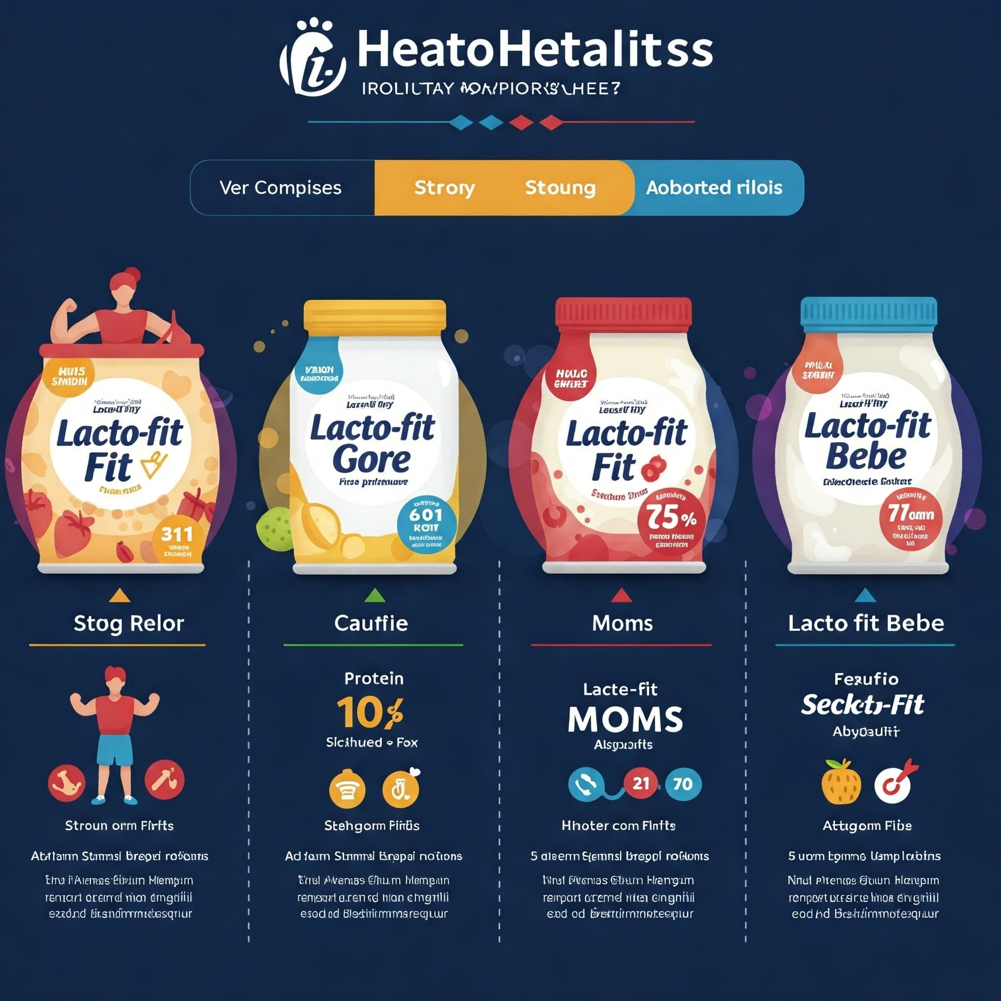 락토핏 제품별 비교 인포그래픽, 락토핏 골드/코어/맘스/베베 아이콘 포함, 건강한 일러스트 스타일