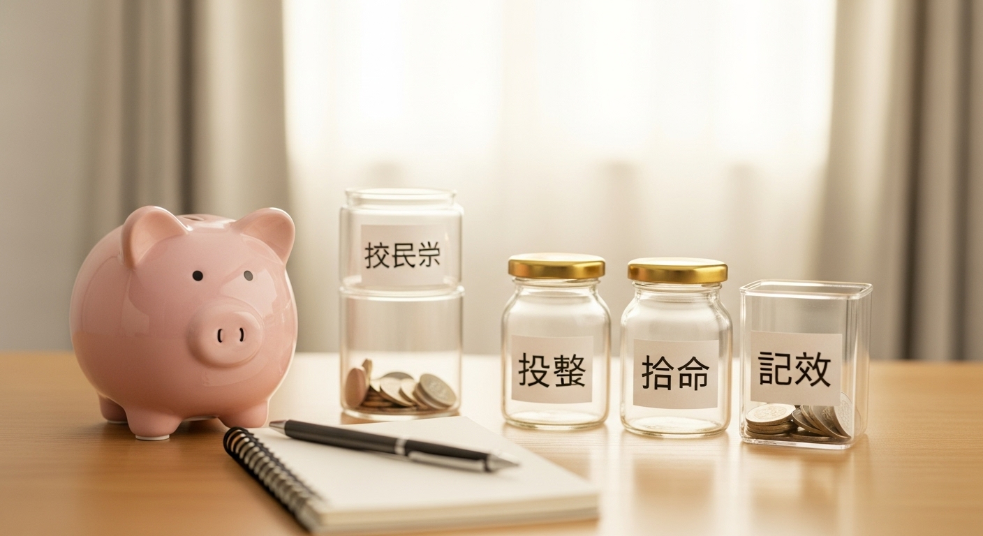 저금통, 투자, 저축, 기부 통이 놓여 있는 아이의 용돈 관리 책상.