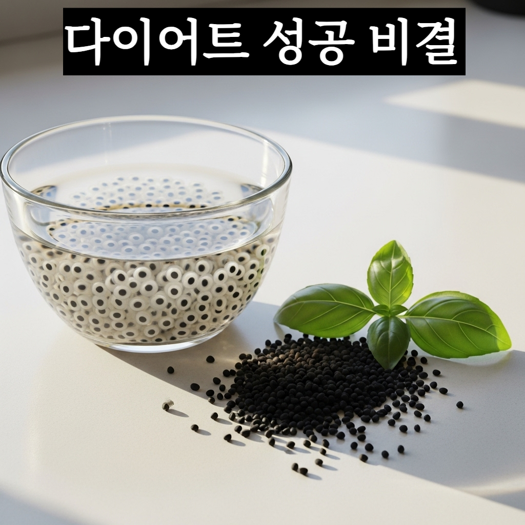 투명한 유리컵 속에서 물을 흡수하여 30배 부풀어 오른 젤 형태의 바질씨드와 옆에 놓인 신선한 바질 잎 이미지