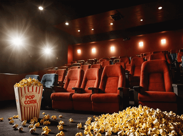 붉은색 좌석이 가득한 영화관 내부 모습이다. 맨 앞에는 팝콘이 가득 담긴 봉지와 바닥에 팝콘들이 흩어졌다.