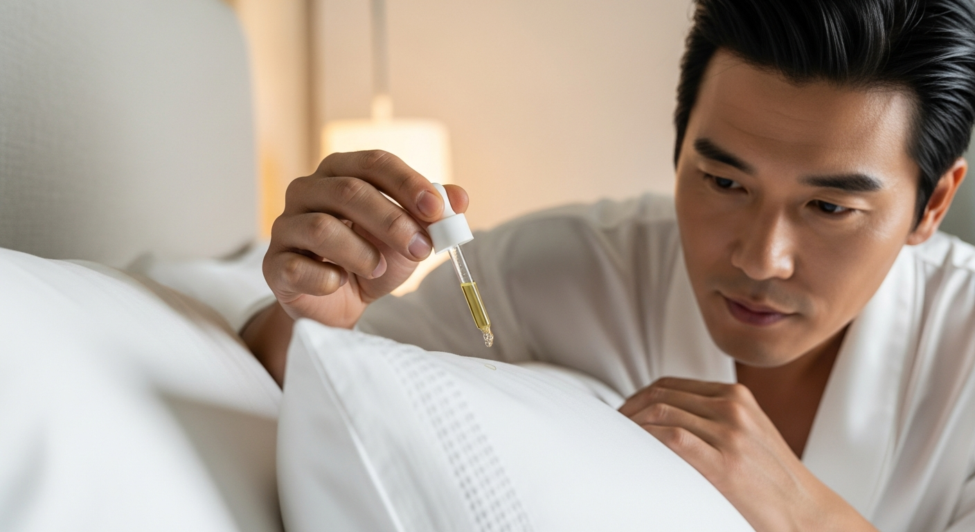 숙면을 위해 에센셜 오일 한 방울을 베개 모서리에 떨어뜨리는 올바른 사용법