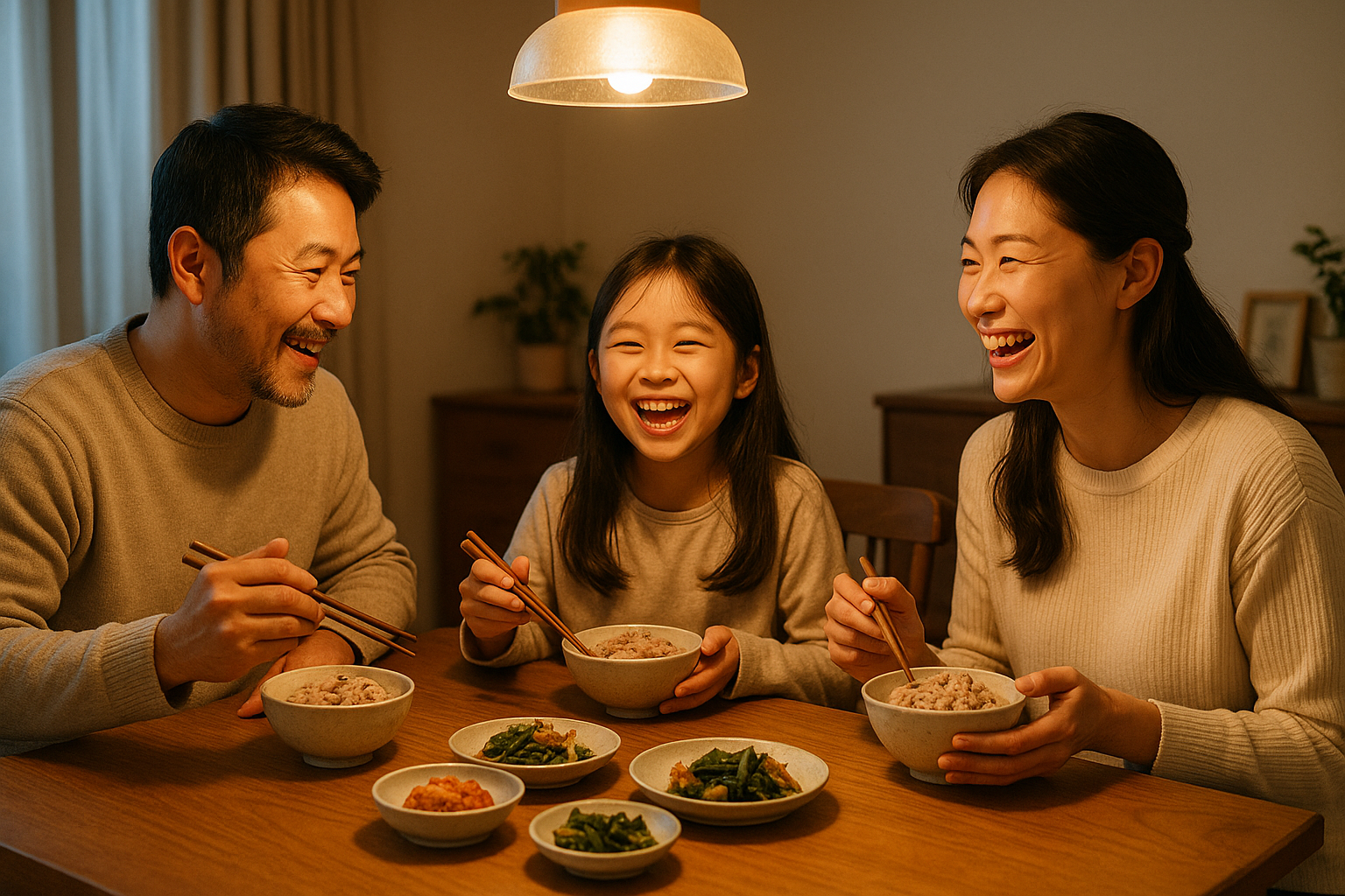따뜻한 저녁 식탁 위 잡곡밥과 가족이 함께 웃는 장면