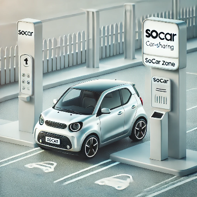쏘카 서비스의 SOCAR 존에서 차량이 대기 중인 모습, 현대적이고 깔끔한 디자인과 주차 공간이 강조됨.