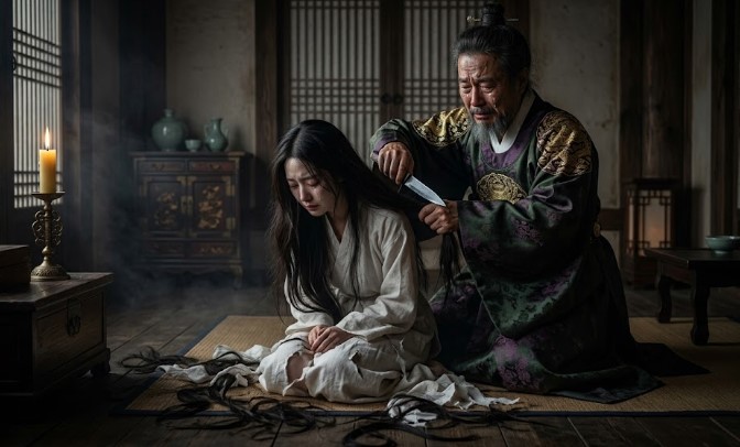 원나라에 '공녀(貢女)'로 뽑히는 것을 막고자 자신의 딸을 승려로 만들기 위해 삭발을 하려는 아버지의 모습