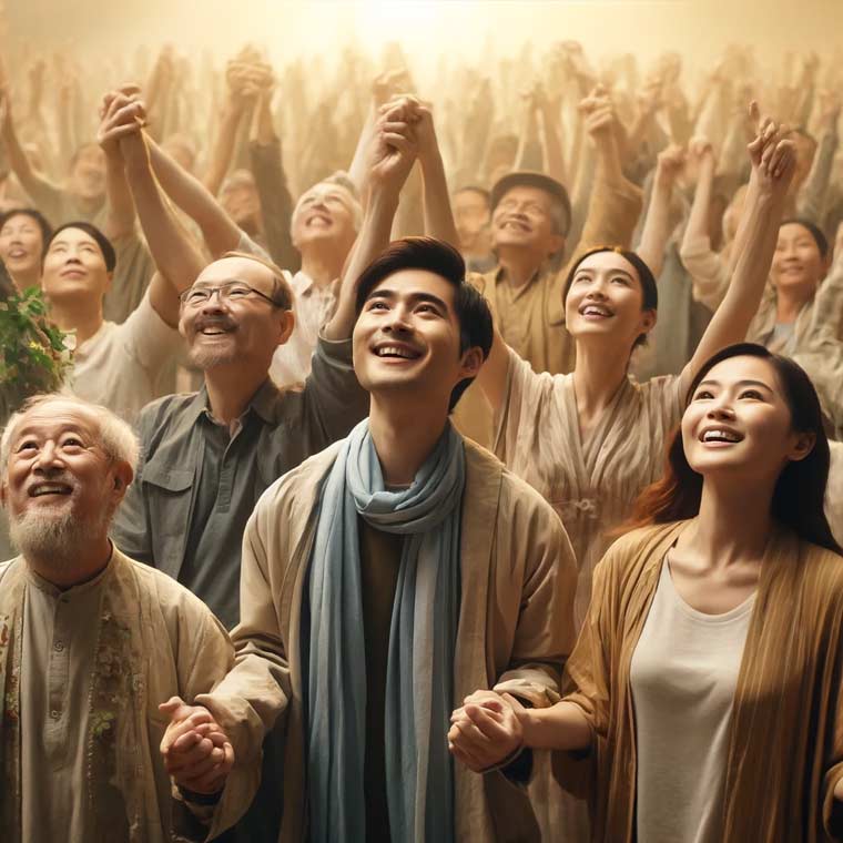 많은 사람들이 손에 손을 잡고 떠오르는 해를 바라보고 있다.