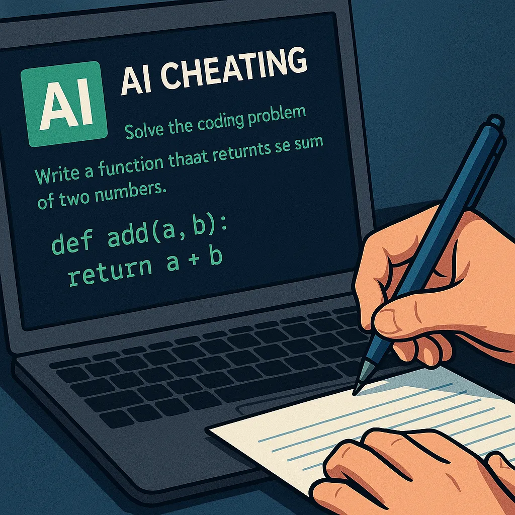AI 코딩 정답을 보여주는 노트북 화면과 펜으로 답을 쓰는 손