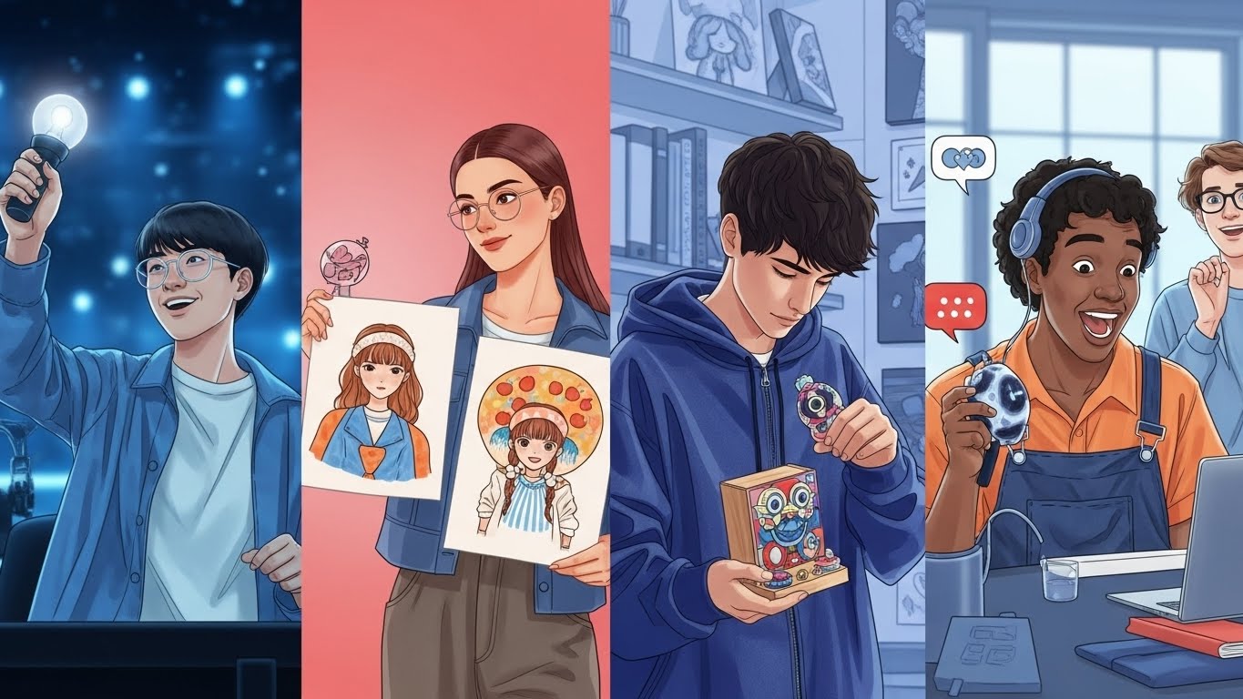 K-POP 아이돌 콘서트, 팬아트, 굿즈 수집 등 다양한 팬덤 활동에 열정적으로 참여하는 젊은이들의 모습.