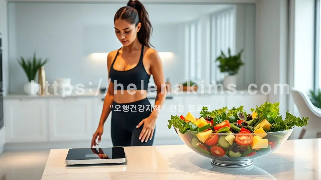 한 여성이 운동 후 저울에 올라가 체크하는 모습과 옆에 식탁 위에는 싱싱한 채소 샐러드가 놓여 있는 모습.