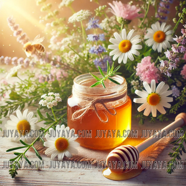 신선한 꽃들로 둘러싸인 꿀 항아리와 꿀 스틱, 자연의 건강과 치유를 상징하는 평온하고 따뜻한 장면.