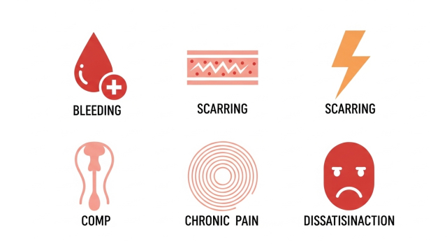 여성소음순 수술 후 출혈&middot;흉터&middot;통증&middot;불만족 등 부작용 가능성을 아이콘으로 정리한 그림