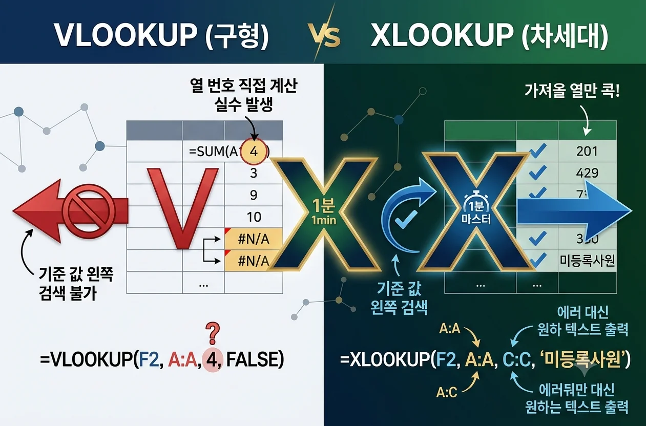 기존 VLOOKUP 오류 한계 극복 및 왼쪽 열 검색 가능한 차세대 XLOOKUP 함수 사용법 인포그래픽