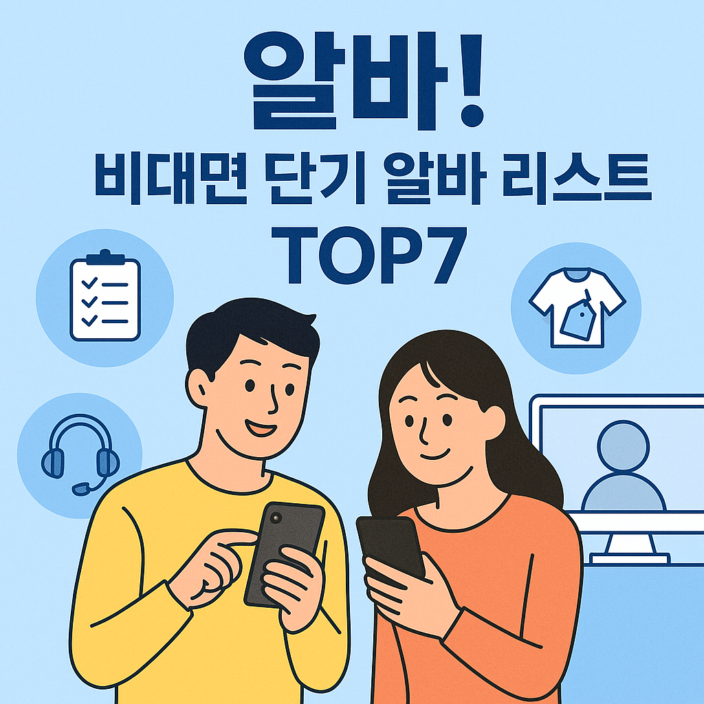 노트북 앞에서 재택근무 중인 남성, 화면에는 설문조사, 데이터 라벨링, 스마트스토어 관리 아이콘이 떠 있는 비대면 알바 콘셉트 썸네일