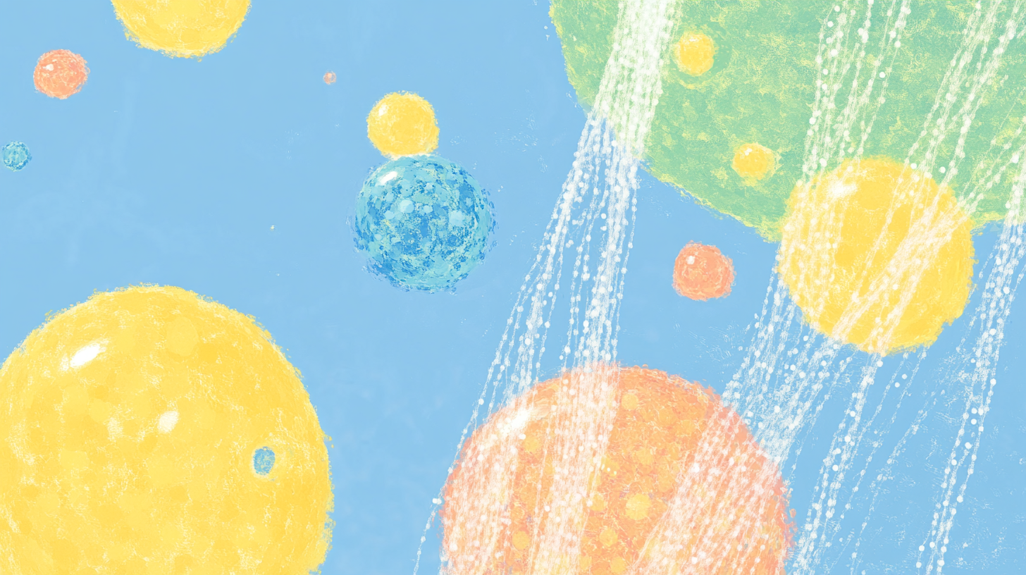 에코 버블 기술을 이용해 섬세한 원단 주위에 생생한 거품이 퍼져 있는 예술적 이미지, 액체 같은 반투명 배경