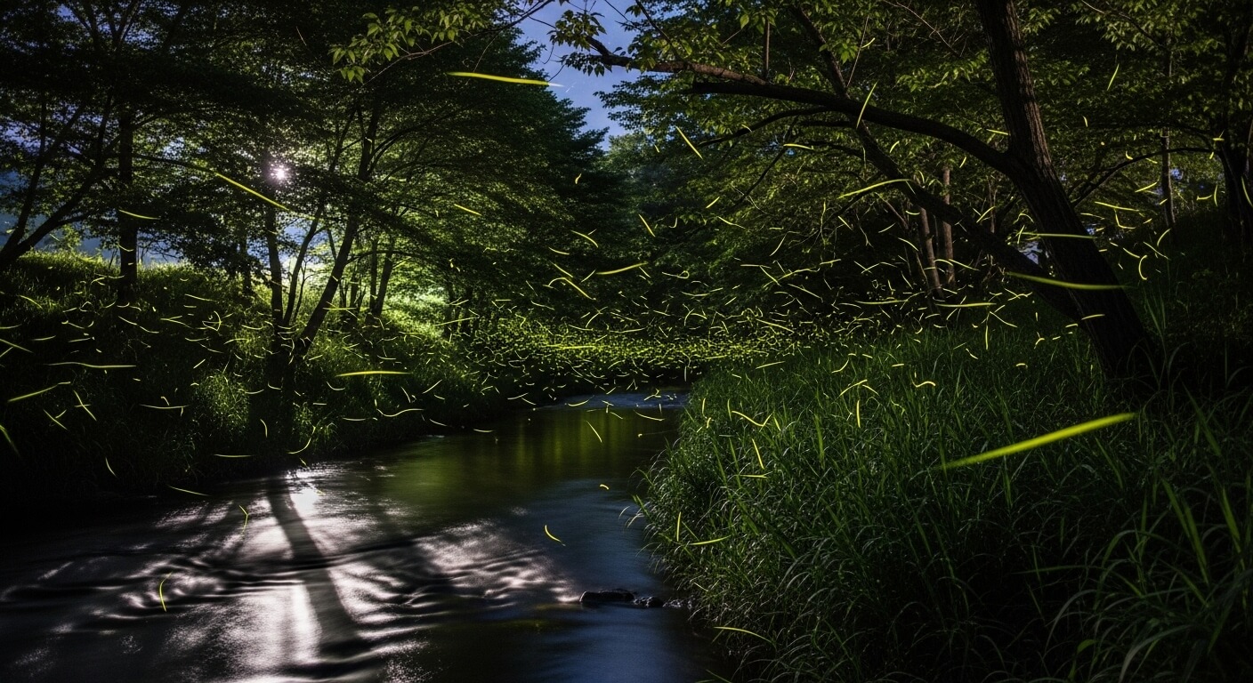 여름밤 시냇가 위를 날아다니는 반딧불이 무리