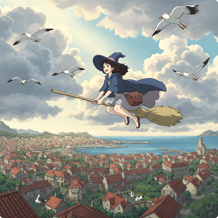 마녀와 공중 풍경 프롬프트