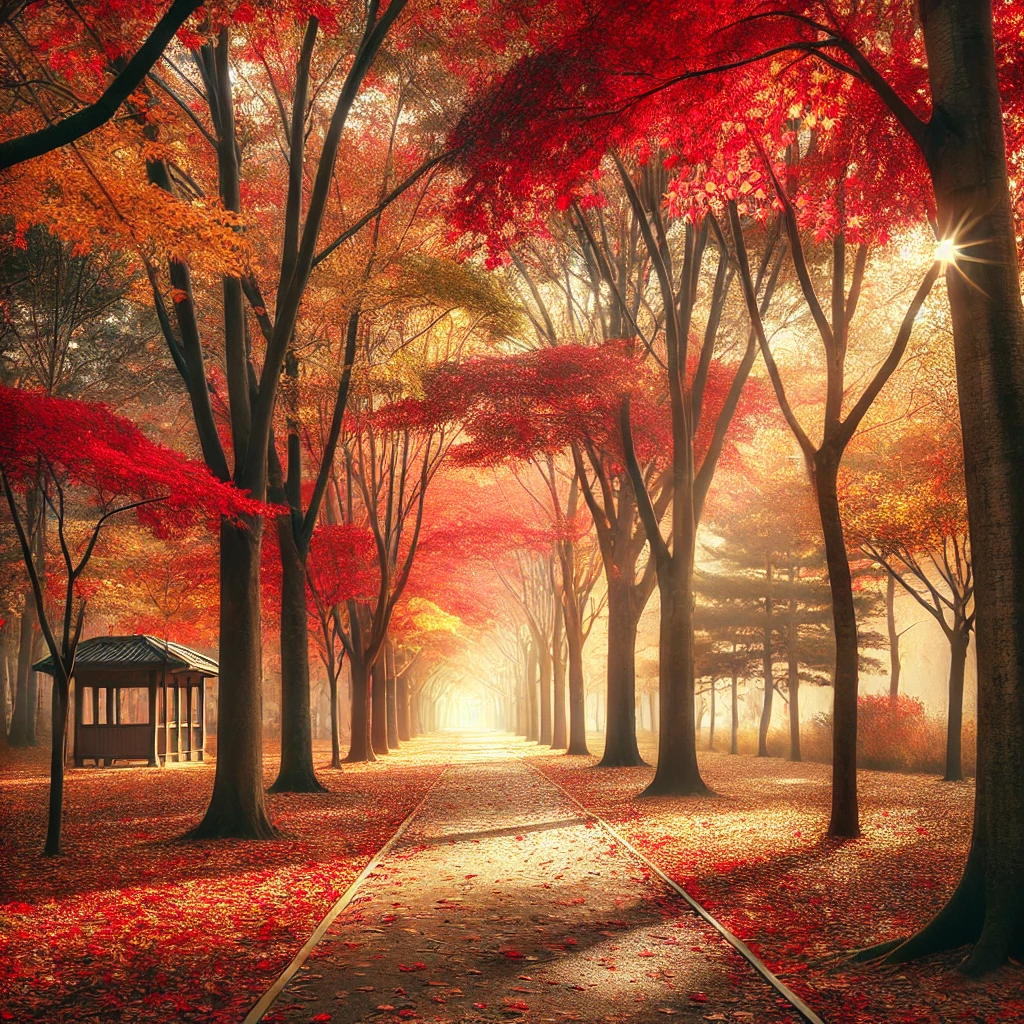 광주 사직공원의 가을 단풍 풍경, 붉고 노란 나뭇잎이 공원을 덮고 있다