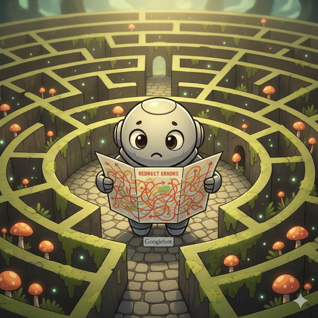 "리디렉션 오류 해결을 위한 구글 서치 콘솔 URL 검사 및 색인 요청 방법" 구글 봇이 지도를 보고 있는 인포그래픽.