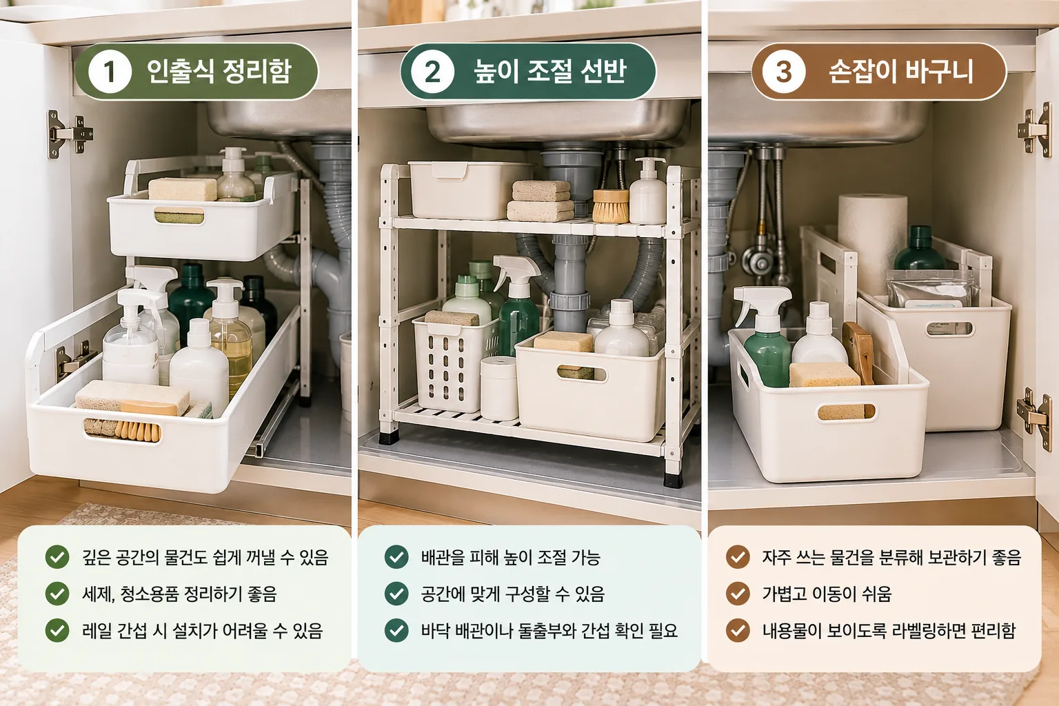 싱크대 하부장 수납도구 비교 이미지로, 인출식 정리함과 높이 조절 선반, 손잡이 바구니를 이용해 세제와 청소용품을 정리한 모습